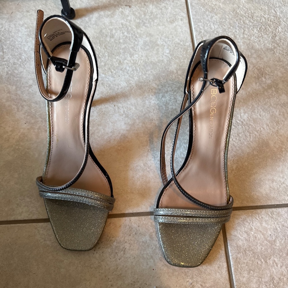 Women's BCBGeneration 6.5 Black Silver Glitter Ankle Strap Heels